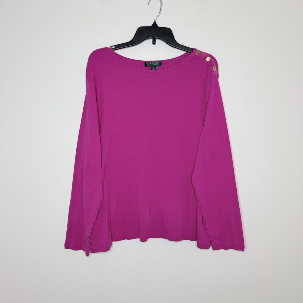 Lauren Ralph Lauren Women's 3X Fuchsia Pink Long Sleeve Top Gold Button Cotton